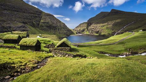 Wallpaper Faroe Islands House Mountains Lake Rocks Water