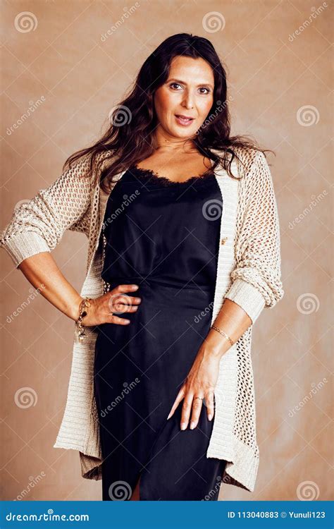 Mature Brunette Real Middle Age Woman Well Dressed Posing Smilin Stock Image Image Of Happy
