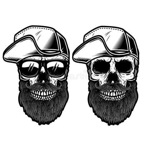 Illustration Of Bearded Skull In Baseball Cap In Engraving Style