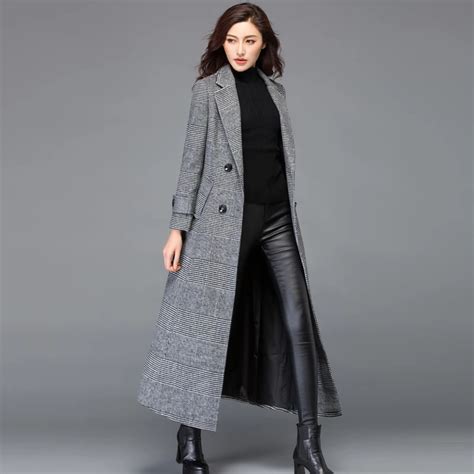 fashion plaid women woolen coats cashmere jacket with belt long vintage women winter coat female