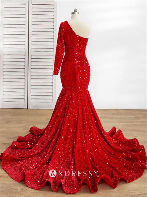 sparkly red sequin one shoulder sleeve prom dress xdressy