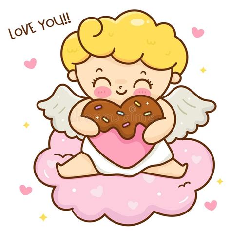 Cute Cupid Cartoon Valentine Angel Hug Chocolate Heart Stock