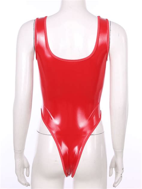 Women Shiny Wet Look U Neck Crotchless Bodysuit Patent Leather High Cut Catsuit Ebay