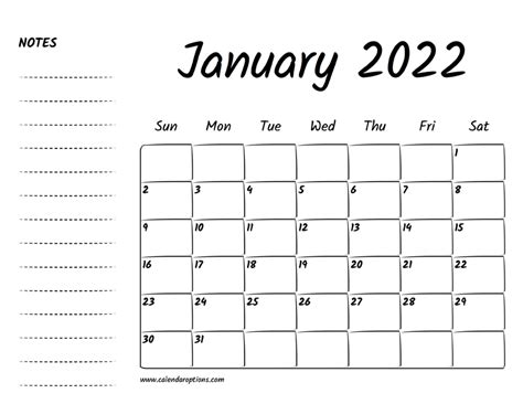 January 2022 Printable Calendar Calendar Options