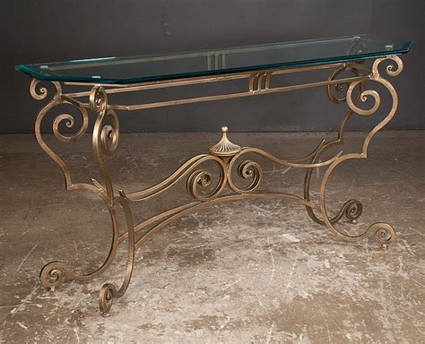 Sold At Auction Fancy Wrought Iron Console Table With Glass Top On Scroll Shaped Legs 60” Wide