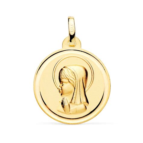 Medalla Oro 18k Virgen Niña 18mm Relieve Lisa Detalle Cerco Redonda