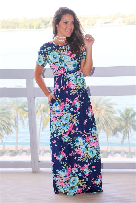 Navy Floral Maxi Dress With Short Sleeves Maxi Dresses Saved By The