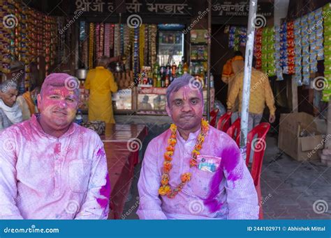 Indian Hindu People Celebrating The Holi Festival At Barsana Editorial