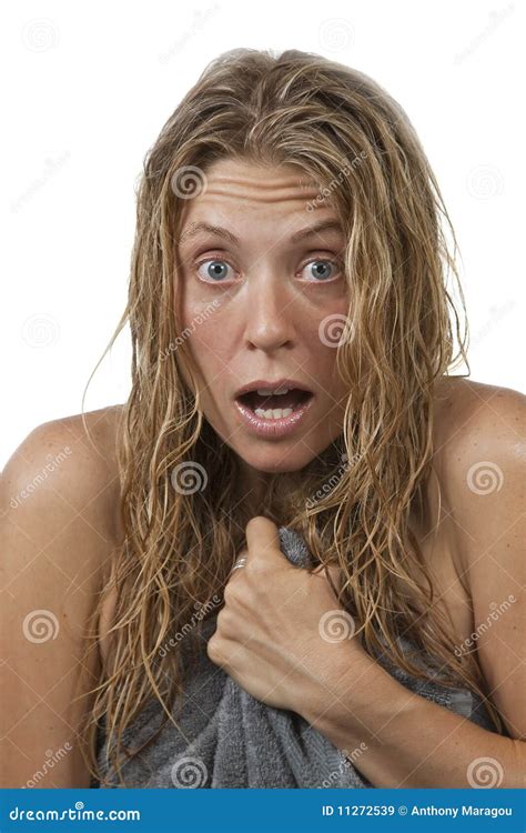 Closeup Of Woman Gets Out Of The Shower Surprised Stock Image Image
