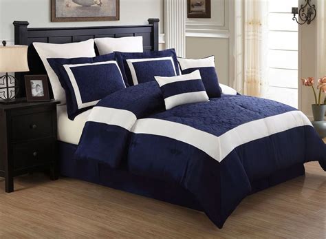 This company is producing bedding products for the. 8 Piece Navy Blue & White Blocked King Size Comforter Set ...