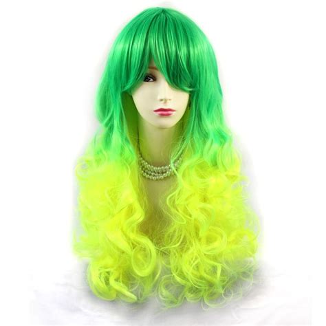Wiwigs Romantic Long Curly Wig Green And Light Yellow Dip Dye Ombre