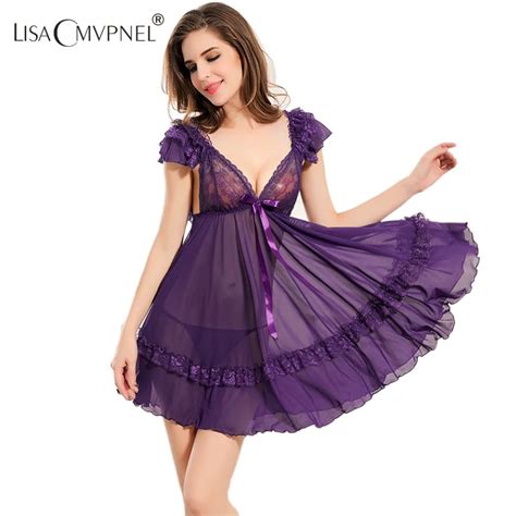 lisacmvpnel lace sexy women nightgown g string set deeep v spaghetti strap blackless nightdress