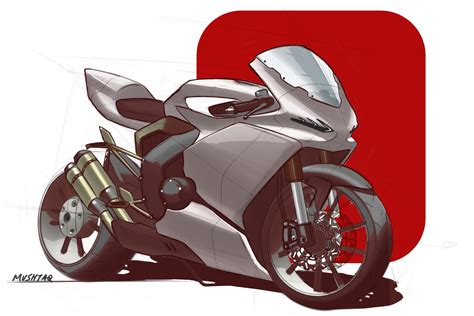A Drawing Of A Motorcycle Is Shown In Red And White Colors With The