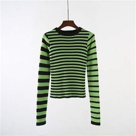 Unif Harajuku Contrast Striped Sweater Black And Green Color Block Ribbe