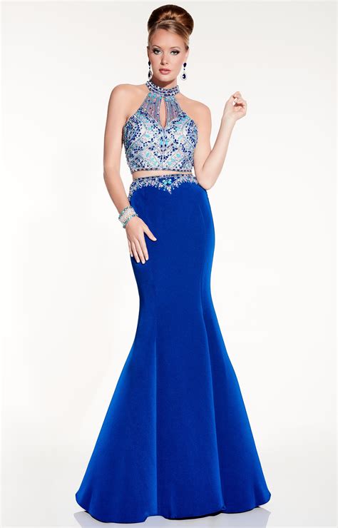 Panoply Stretch Satin High Neck Beaded Two Piece Prom Dress