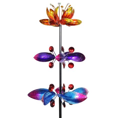 Exhart Lotus Flower Wind Spinner Garden Stake With Three Metallic