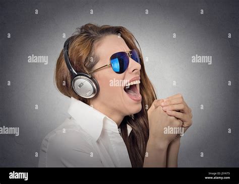Headshot Beautiful Happy Woman With Sunglasses Singing With Microphone