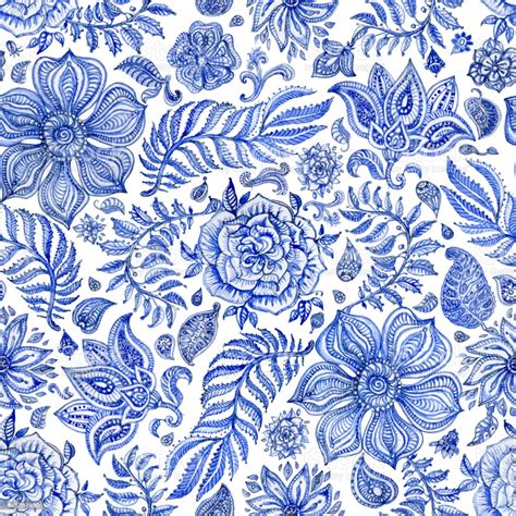 Seamless roses, vintage floral, blue floral, artistic flower design, floral abstract, watercolor floral, oriental seamless floral, black and white floral. Abstract Seamless Floral Pattern Of Indigo Blue Hand ...