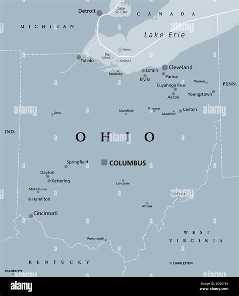Ohio Oh Gray Political Map State In The East North Central Region Of