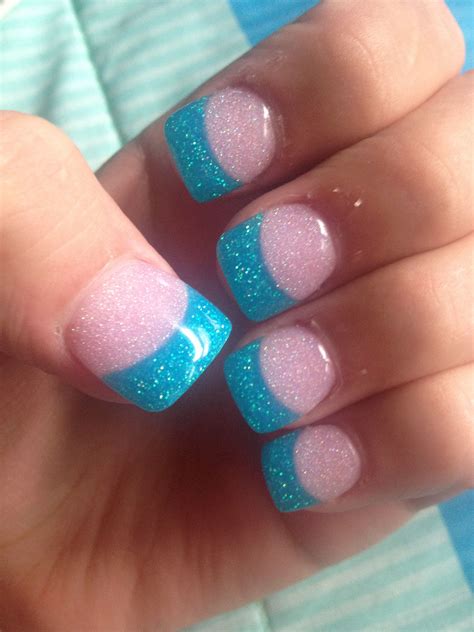Gel Nail With Glitter Pink And Glitter Sky Blue French Manicure