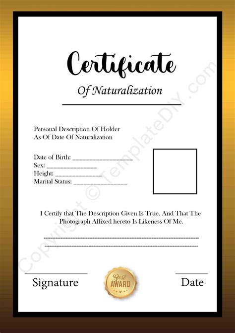 Certificate Of Naturalization Blank Printable Template In Pdf And Word In 2022 Template