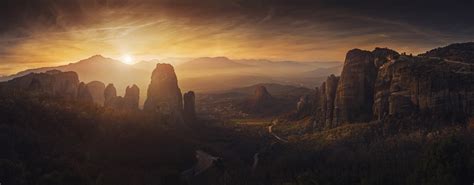 Nature Panorama Meteora Landscape Mountains Monastery 1080p Road