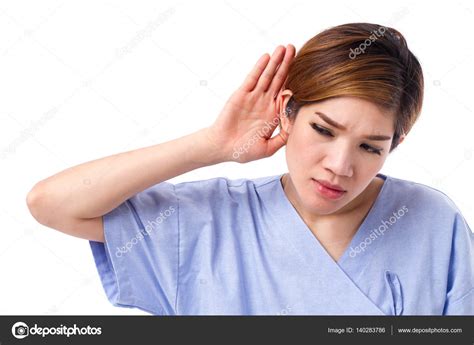 Woman With Hearing Loss Or Hard Of Hearing — Stock Photo © 9nong 140283786
