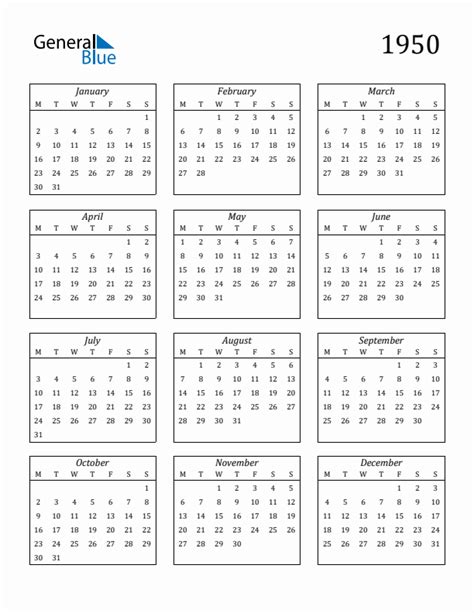 1950 Yearly Calendar Templates With Monday Start