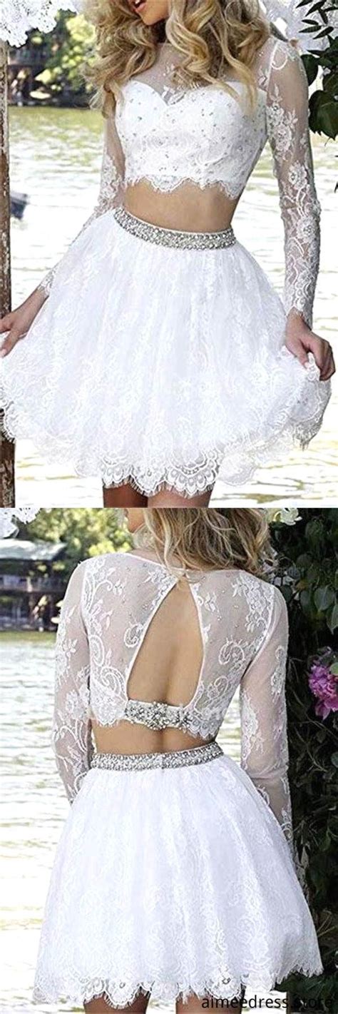 Long Sleeve Lace White Two Pieces Beads Homecoming Dresses Scoop Short