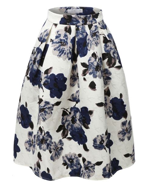 Le3no Womens High Waisted Flared Pleated Floral Midi Skirt High