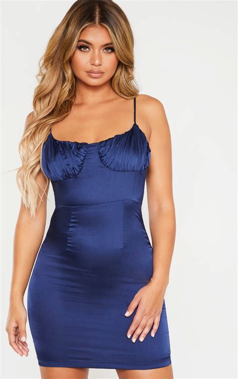 Midnight Blue Satin Ruched Bust Bodycon Dress Prettylittlething Usa