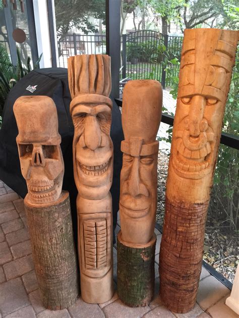 Three New Palm Tikis I Carved This Week And One Of My Earliest Carvings