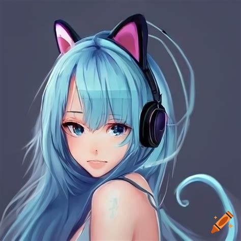 Anime Girl With Light Blue Hair Wearing Cat Ears Headset