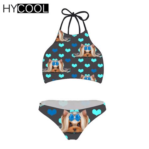 Hycool Women Swimsuit Bikini Set Cute Yorkie Printing Swim Suit Sexy