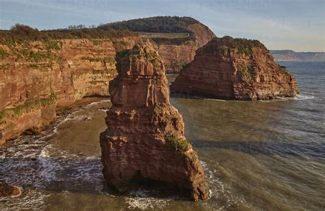 Red Sandstone Cliffs And Rocks At Ladram Bay In The Jurassic Coast Unesco World Heritage Site