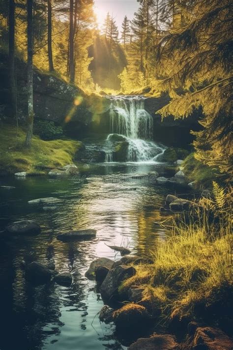 Beautiful Landscape Of A Forest Waterfall Sunlight Rays Through Dense