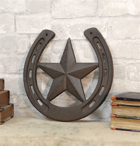 10w Rustic Cast Iron Cowboy Horseshoe With Western Star Wall Decor Art