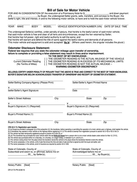 Fillable Online Form Colorado Bill Of Sale Motor Vehicle Dr 2173 Pndoc