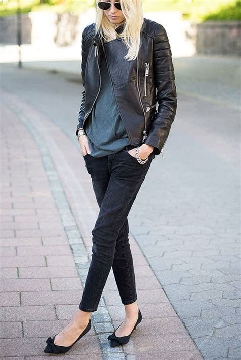 what to wear this week leather jacket slim straight leg jeans black flats what to wear