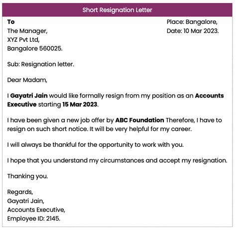 Short Notice Resignation Letters In Word Format