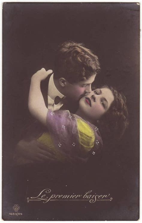 French Postcard First Kiss Romantic Edwardian Couple Antique Hand