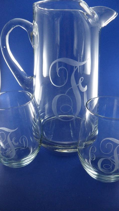 etched glass monogrammed pitcher set pitcher and 2 or 4 etsy glass etching pitcher set glass