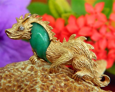 Vintage Dragon Brooch Pin Unsigned Marvella Green Cabochon Figural