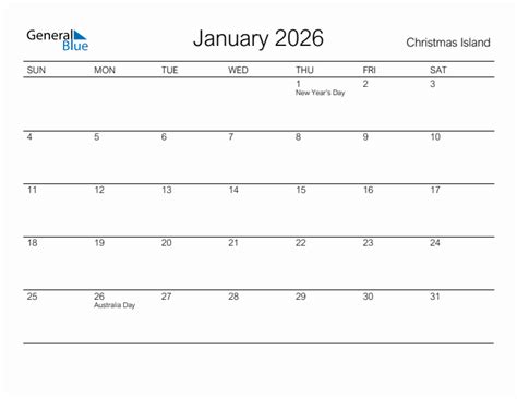 Printable January 2026 Monthly Calendar With Holidays For Christmas Island