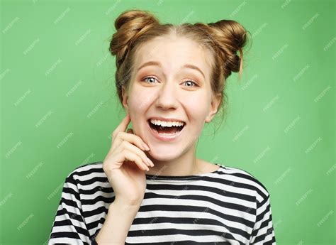 Premium Photo Portrait Of Beautiful Cheerful Girl Smiling Laughing Looking At Camera
