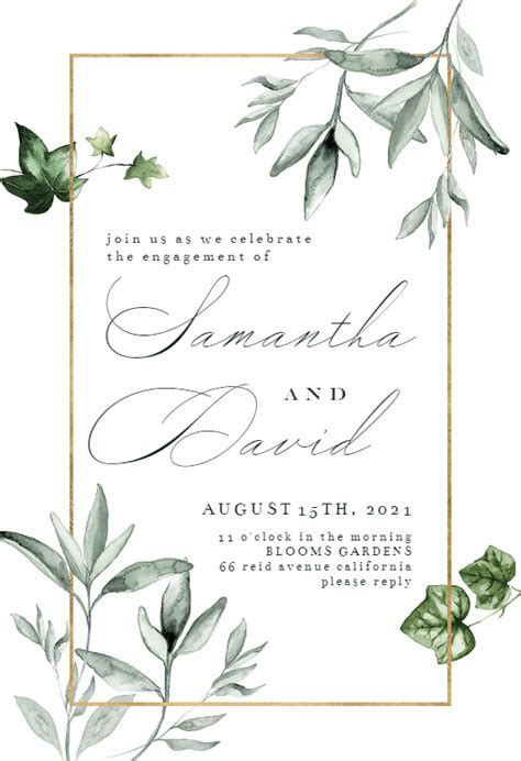 Greenery And Gold Frame Engagement Party Invitation Template