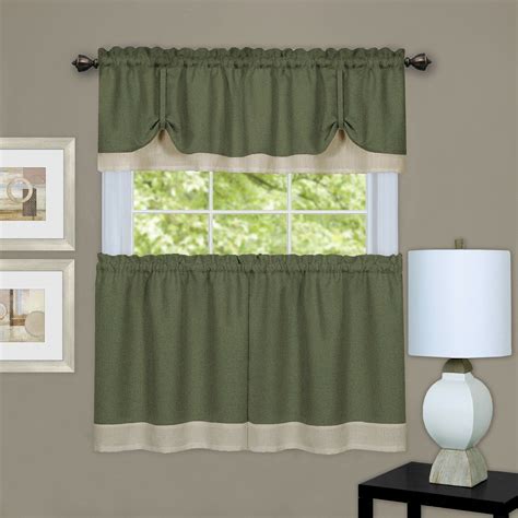 Shabby Farmhouse Flax Linen Kitchen Curtain Tier And Valance Set Sage