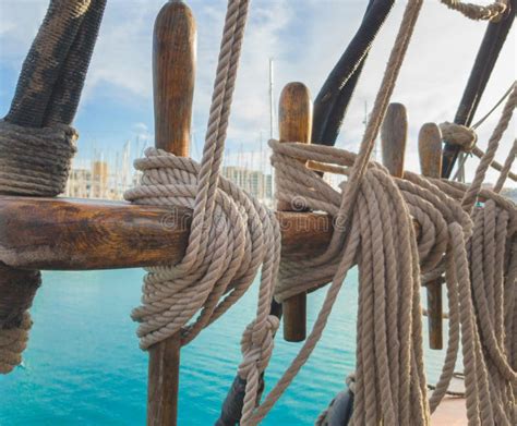 Pin Rail With Fixed Ropes An Old Sailing Ship Stock Photo Image Of