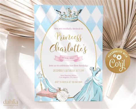 Cinderella Birthday Invitation Editable Princess Party Invite Template