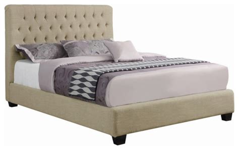 Fabric Upholstered Tufted Full Size Bed With Tapered Block Legs Beige